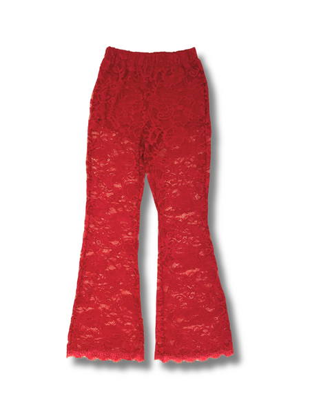 Sheer Lace Flare Pants - Ruby Red