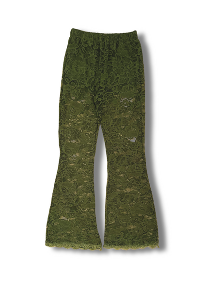 Sheer Lace Flare Pants - Moss Green