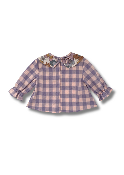 Gingham girls blouse with Collar Lilac