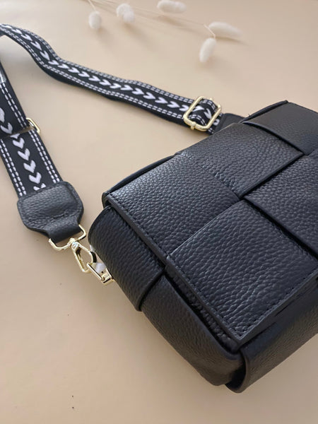 Chlöe Leather Woven Crossbody Bag Black
