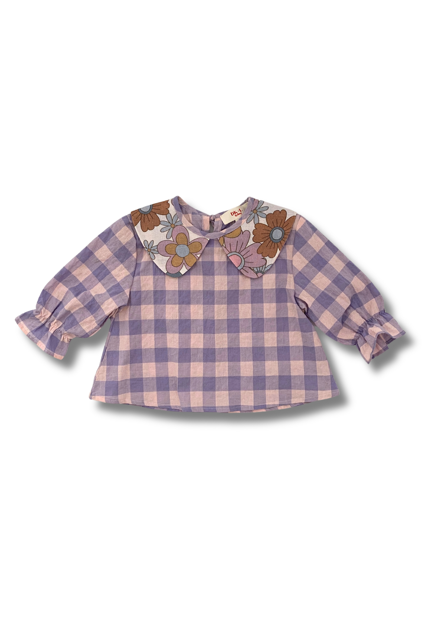 Gingham girls blouse with Collar Lilac
