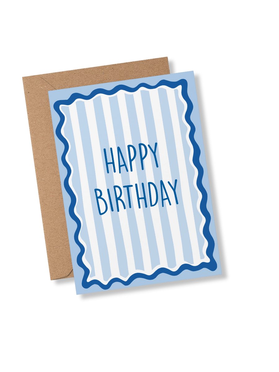 Happy Birthday Blue Stripe and Wavy Card